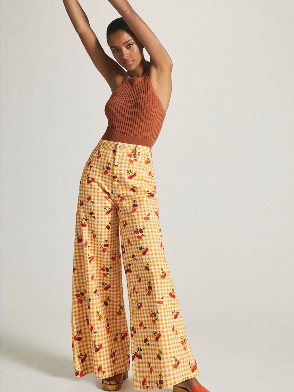 FARM Rio Yellow Gingham Wide-Leg Cherry Print Pants